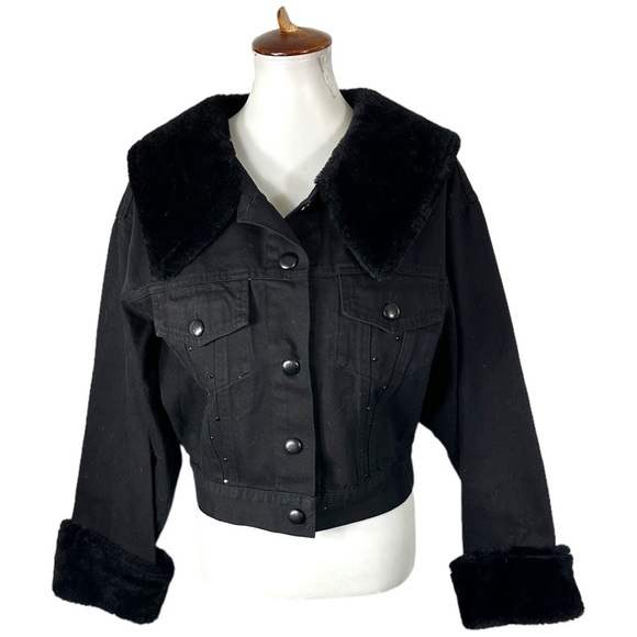 Tamorak Marie Black Denim Faux Fur Collar & Cuff Penny Lane Jacket Size Medium - Picture 1 of 5